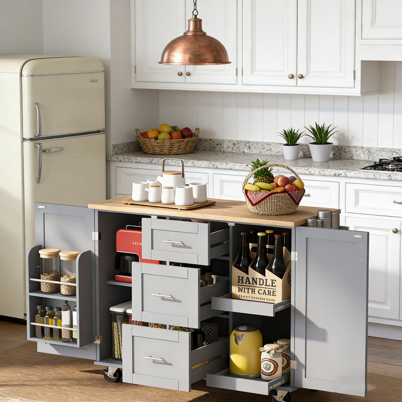 Rolling Kitchen Island with Storage, Rubber Wood Top, 3 Drawers, Slide-Out Shelves, and Internal Racks for Organized Cooking Spaces.