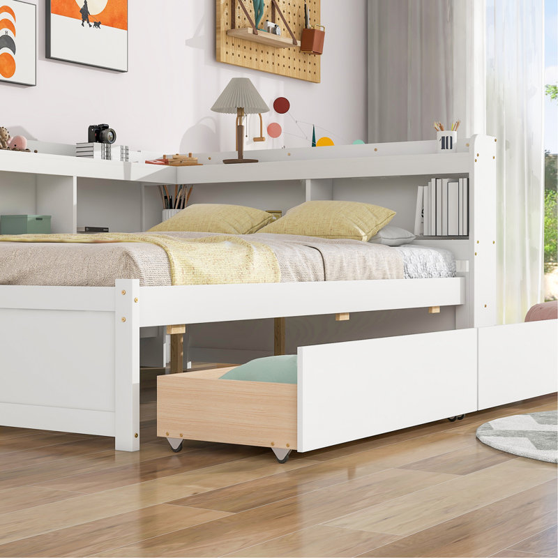 Bed Frame with Built-in L-Shaped Bookshelves & 2 Storage Drawers – Space-Saving Modern Platform Bed, Solid Pine Wood Construction, Minimalist Design