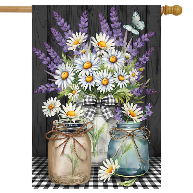 Drapeau de maison lavande et marguerites à carreaux