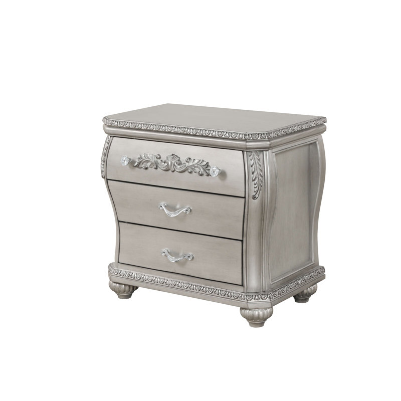 Silver Traditional 3-Drawer Night Stand with Metal Pulls