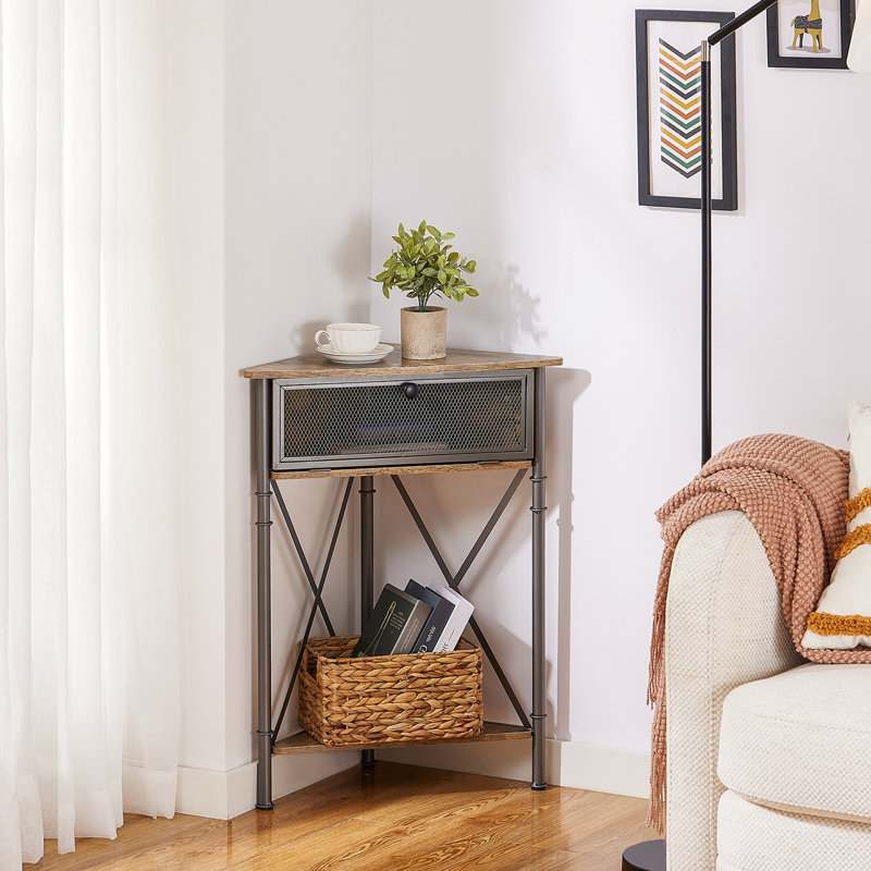 Kempst Set of 2 End Tables with Storage, Farmhouse Corner End Table Set of 2 with Flip Door, Industrial Triangle Side Tables with Shelf, Rustic Small Space Accent Tables for Living Room Bedroom