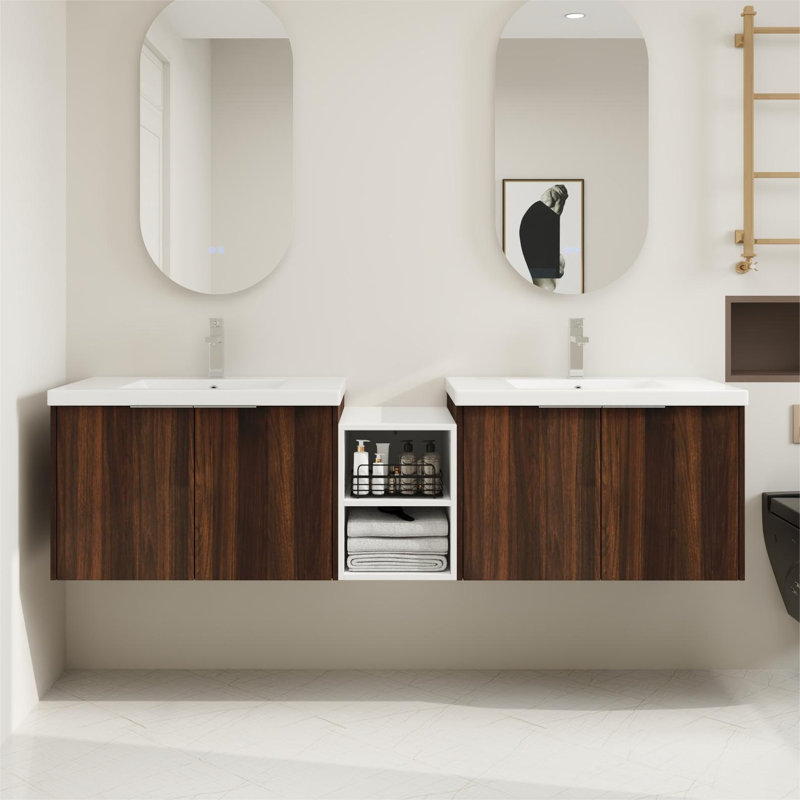 Ensemble de meuble-lavabo double mural 72 po avec 2 plateaux en résine 72 po, Brun