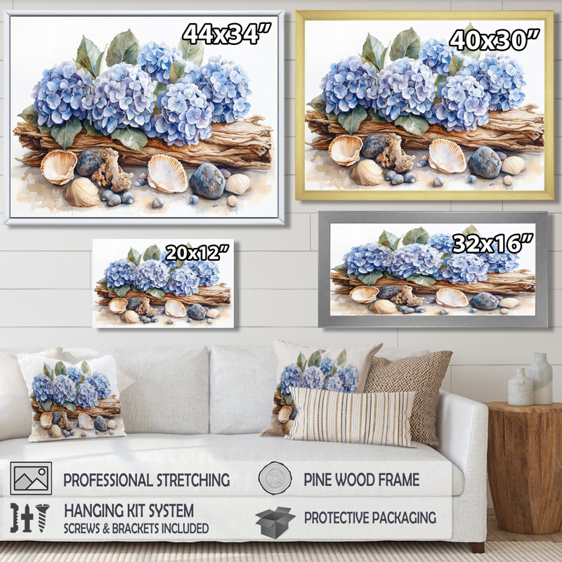 Décoration d'hortensias et de bois flottant Domoni, Reproduction encadrée d'une seule photo, Argent argent, H 12 po x l 20 po