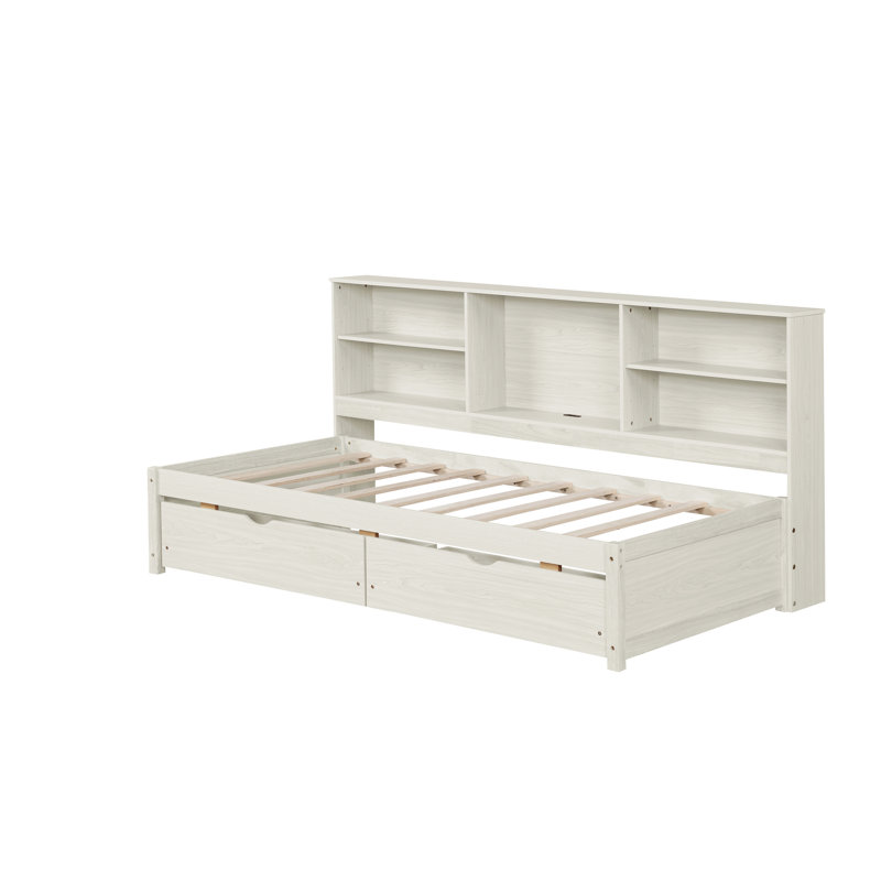 Twin Size Bed Frame With Side Bookshelves, Two Drawers, And Built-In Usb Port, Creamy White