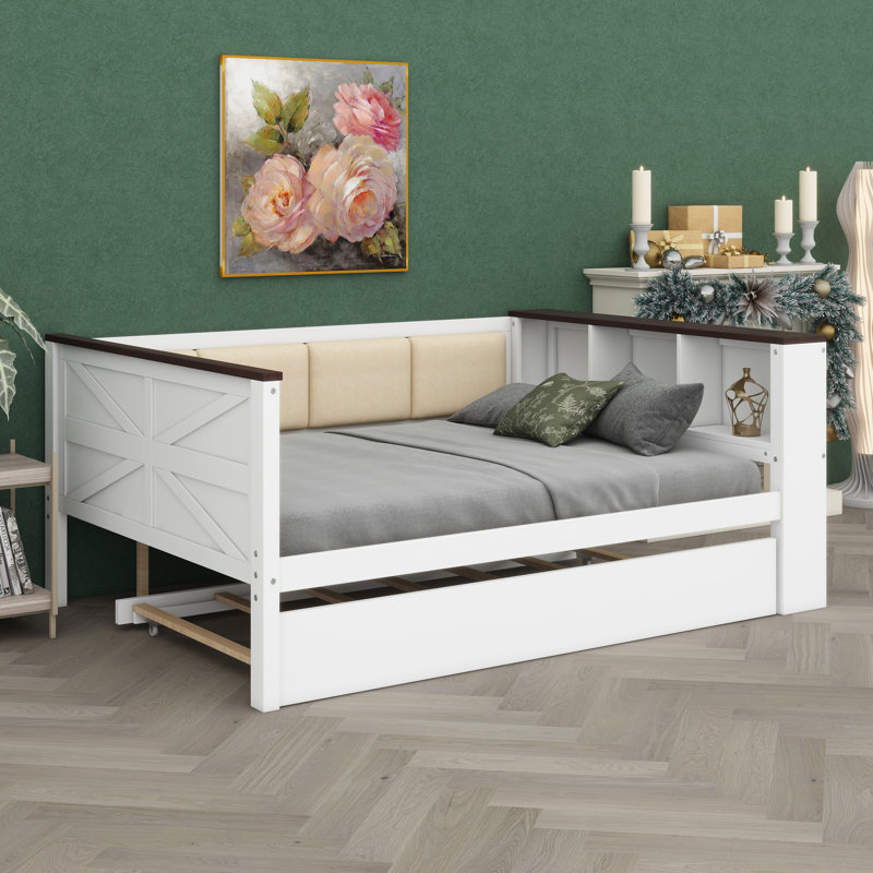 Versatile Wood Frame Daybed With Comfortable Upholstered Headboard, Side Shelves, USB Port & Under-Bed Trundle For Extra Sleep Space
