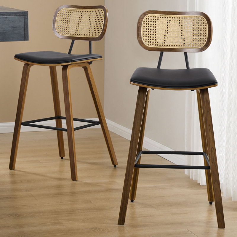26" Black Upholstered Rattan and Wood Counter Stool Set