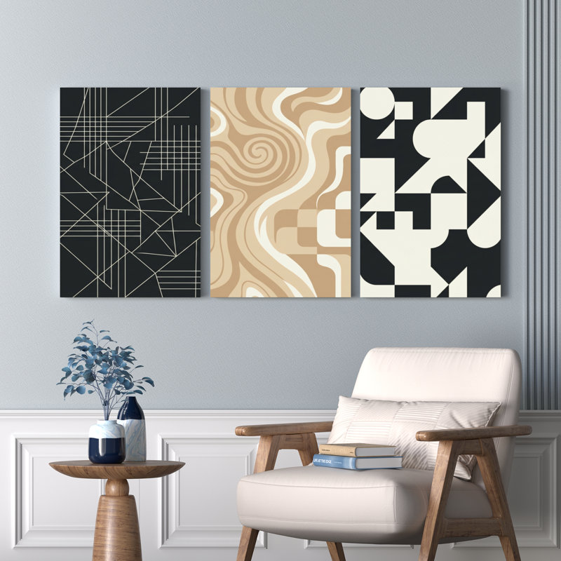Ensemble de 3 tableaux abstraits sur toile tendue, motifs géométriques et tourbillonnants, H 30 po x l 60 po