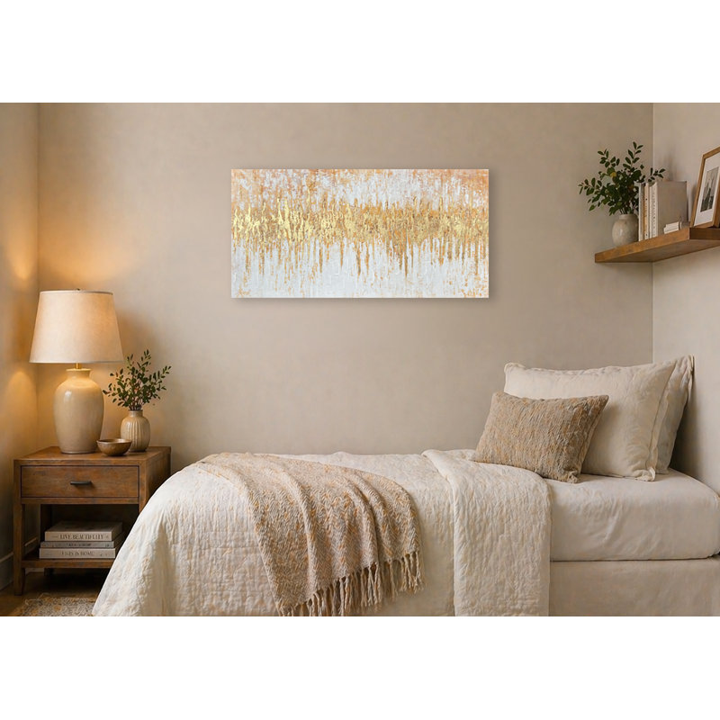 Gold Textured Abstract Canvas Wall Art, Handmade Texture & Foil Effect, Neutral Horizontal Decor, 40" W x 20" H