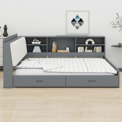 Minimalist Wood Bed Frame Featuring Storage Headboard, Shelves and Drawers