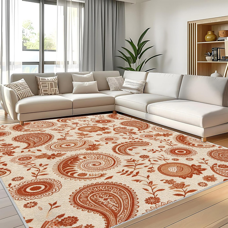 Orange Paisley area rugs for Living Room, Soft and Comfortable, Suitable for all seasons, easy to maintain, machine washable Indoor floor mat, Under Table Farmhouse suitable for Bedroom, Dining Room, Study,  Balcony, Home Decor Patio