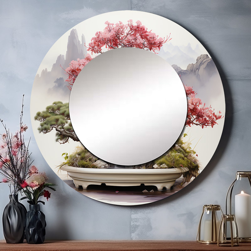 Asian Art Bonsais Wisdom V - grand miroir asiatique, miroir mural décoratif rond rose, impression sur métal, 23 po x 23 po
