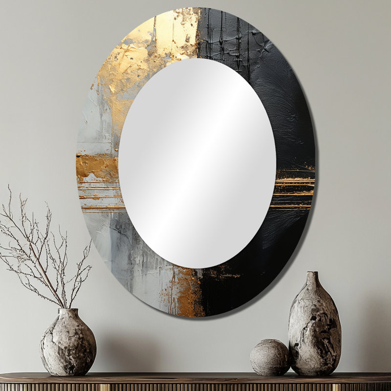 Black And Gold Abstract Meditation IV - Abstract Oval Decorative Mirror On Metal, 40" x 30"