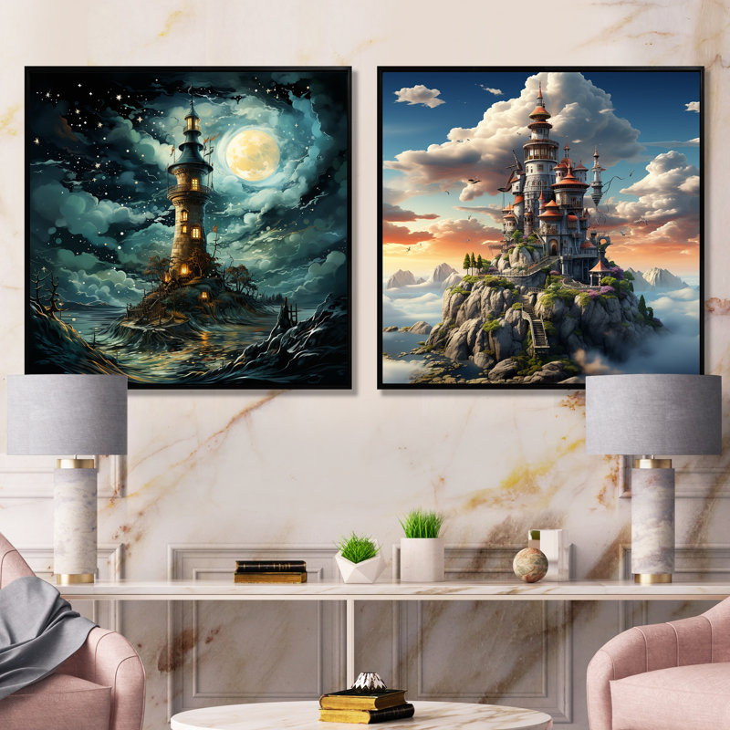 Fantasy Wizards Tower I - ensemble de 2 reproductions d'art sur toile, Cadre flottant noir, H 16 po x l 33 po x P 1 po