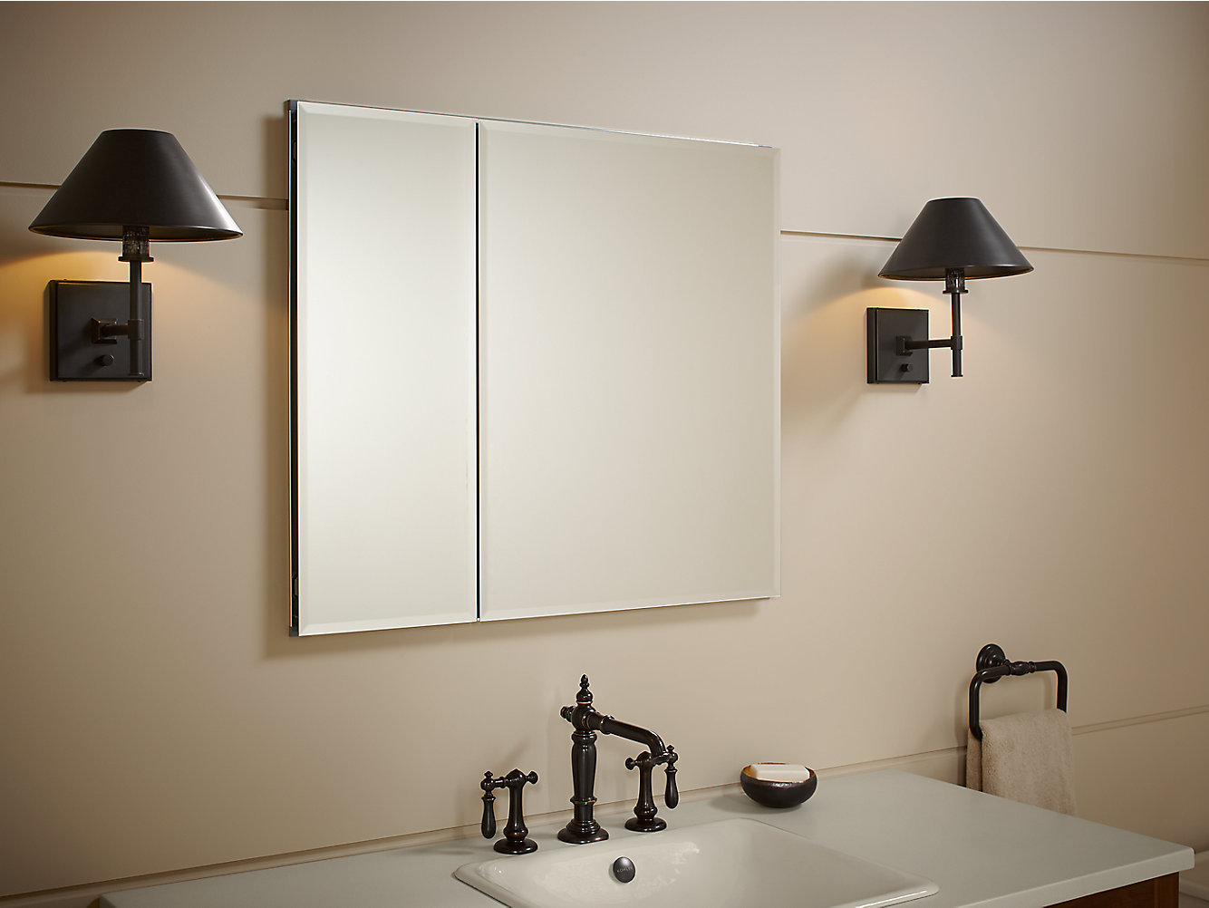 CLC Aluminum Two-Door Medicine Cabinet With Mirrored Doors, Beveled Edges, 26" H x 25" W x 5" D