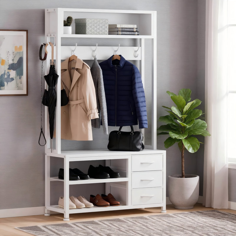 White Five In One Entrance Storage Hall Tree, Equipped With Bench Shoe Cabinets, Double-Layer Shelves, Hooks, And Three Drawer Storage Cabinets