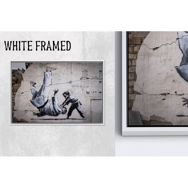 Banksy Judoka Graffiti Art: Printed Canvas Wall Decor,1P WhiteFramedCanvas, H: 27.6 x W:39.4 inches