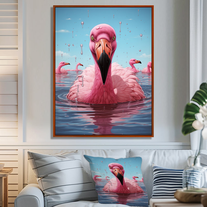 Célébration de famille flamant rose - flamant rose, art mural de salon, Cadre flottant brun, H 32 po x l 24 po x P 1 po