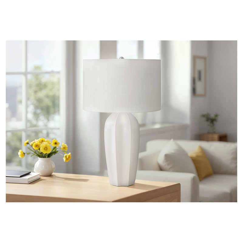 Lampe de table 27 po en céramique crème moderne avec abat-jour tambour en lin ivoire - éclairage d'inspiration Art déco pour le salon, la chambre à coucher et le bureau