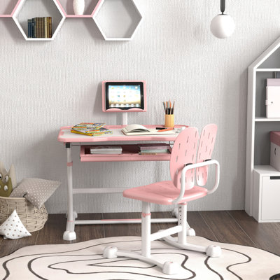 Qaba Kids Desk And Chair Set, Height Adjustable Kids Study Table And Chair Set With Tilt Desktop, Large Writing Board, Storage Drawer, Book Stand For 3-12 Years