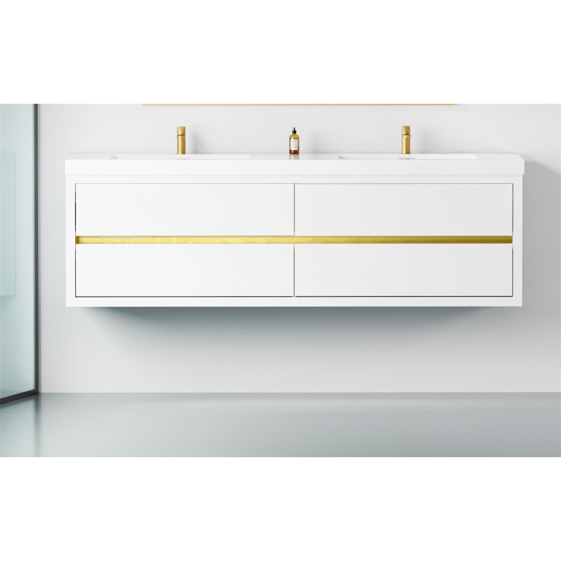 72" Wall-Mounted Bathroom Vanity With Double Sinks Resin with Drawer,Bathroom Storage Cabinet, Glossy White
