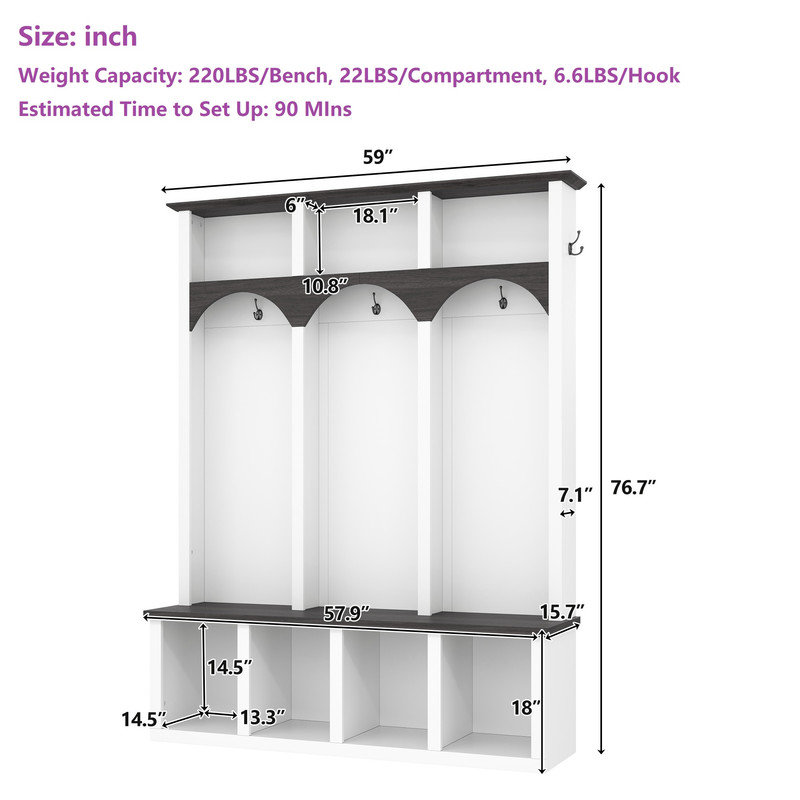 76.7"H Hall Tree with Open Storage, White