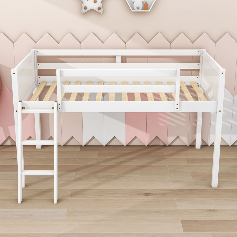 Jeanny Twin Size Wood Low Loft Bed With Ladder,Slats And Guardrails, White