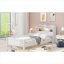 Lit plateforme simple en bois massif blanc clair avec éclairage à DEL intégré, tête de lit et garde-corps de sécurité, style classique