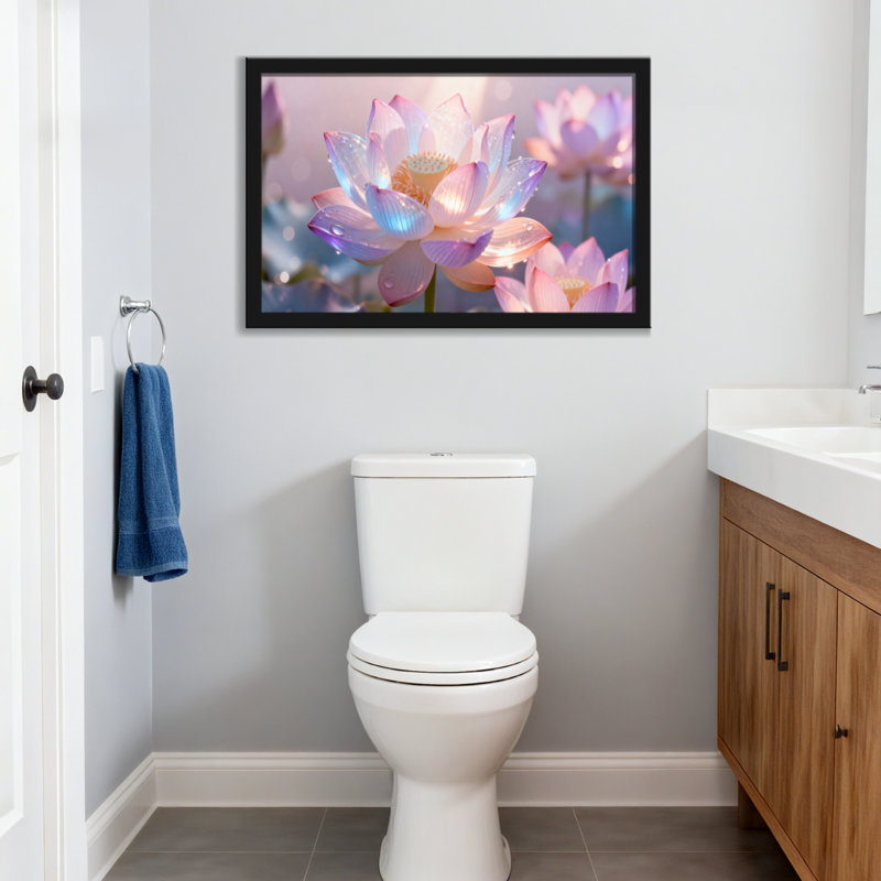 Plantes et fleurs Fleurs de lotus roses avec gouttes de rosée, H 20 po x l 30 po, Impression encadrée sans passe-partout