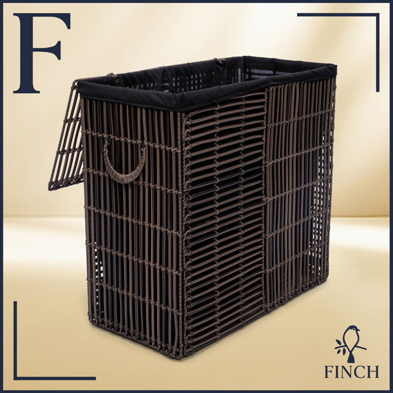 Panier à linge double Finch avec couvercle et poignées, pliable, section divisée, cadre en acier tissé rotin