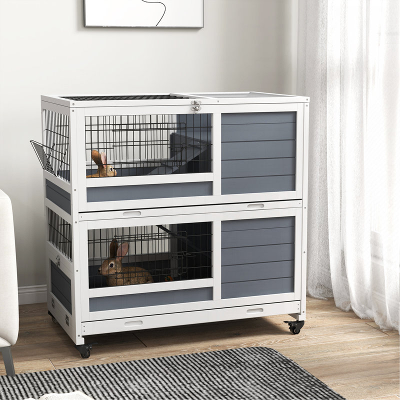 Cage d'intérieur à roulettes avec roulettes, cage à lapins à 2 niveaux, cage à cobaye en bois 35,5 po avec auge, plateaux amovibles, rampes et plateau ouvert pour 1 à 2 lapins, gris