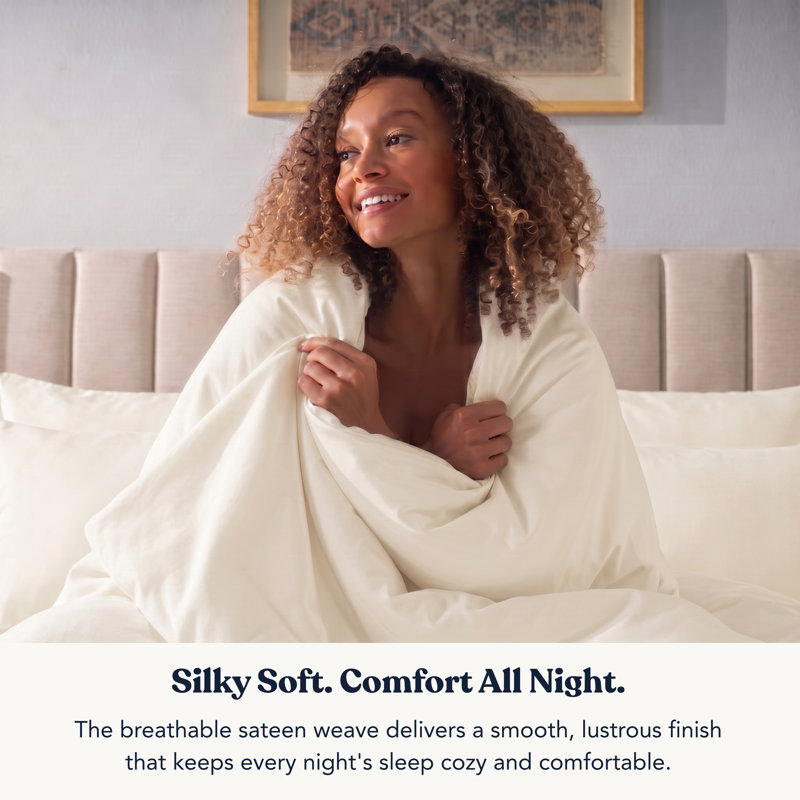 Delara GOTS Certified 100% Organic Cotton Sateen Duvet Cover Set, 400TC, Long Staple, Soft & Breathable, Ivory