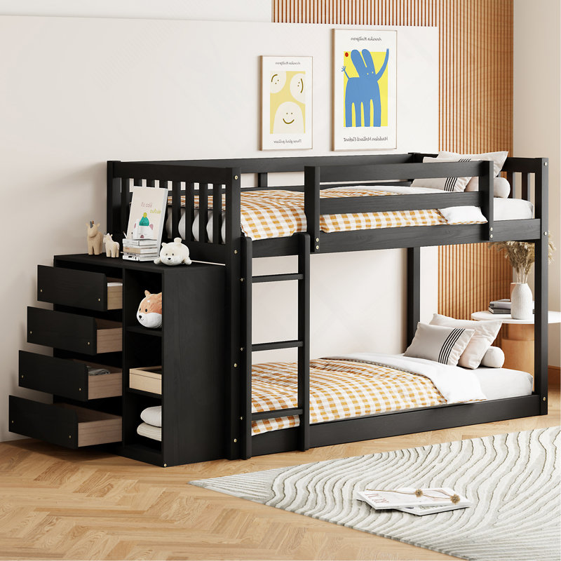 Lit superposé simple au-dessus de simple avec 4 tiroirs et 3 tablettes, Espresso