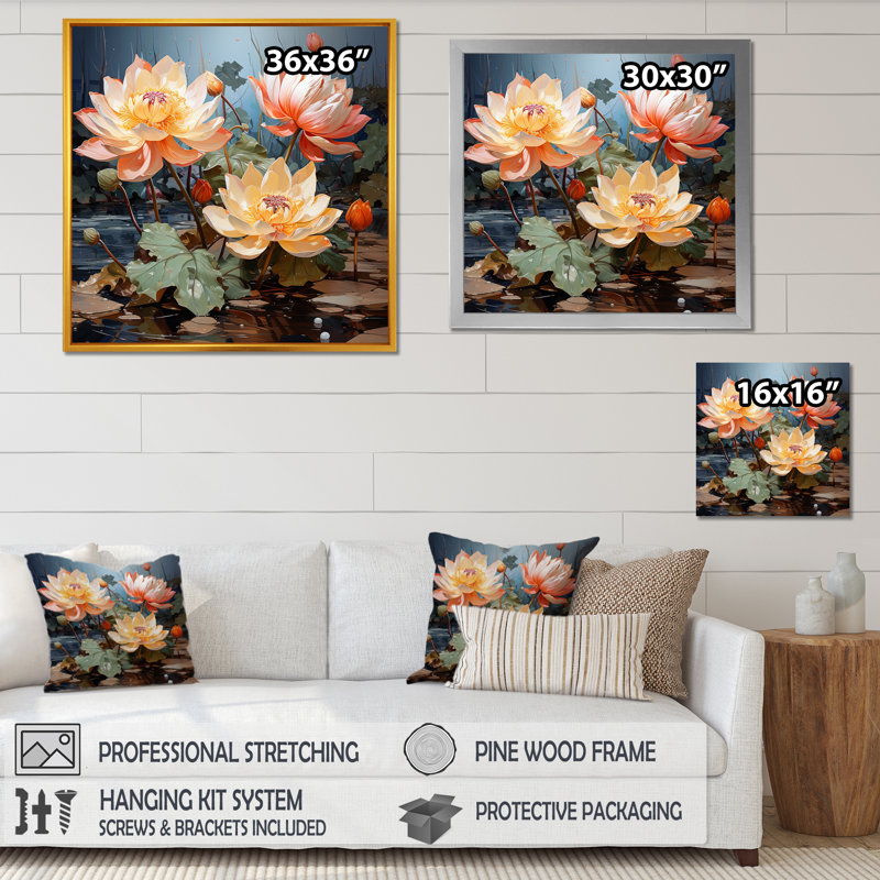 Fleurs de lotus fauves II, H 30 po x l 30 po x P 1 po, Cadre flottant blanc