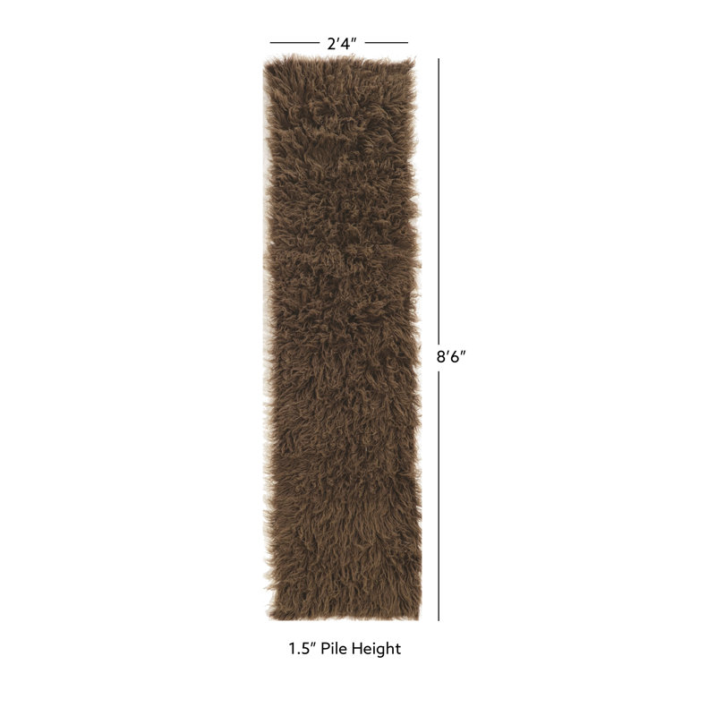 Alamin Handmade Flokati Wool Dark Brown Area Rug, Runner 2'4" x 8'6"