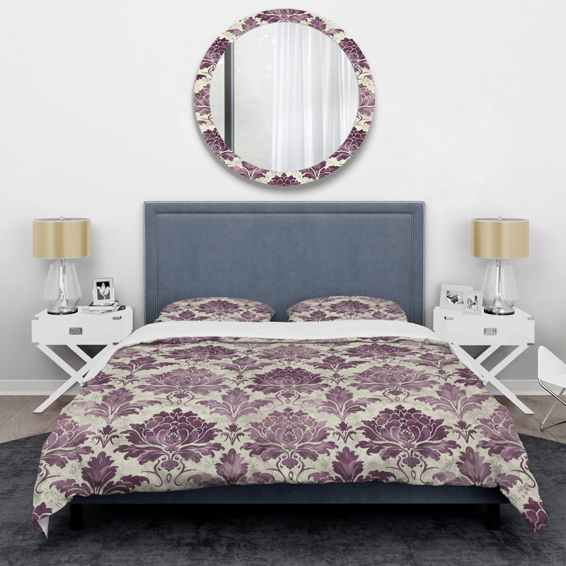 Ensemble de housse de couette mauve à motif floral damassé beige et mauve II