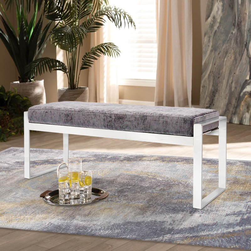 Gray Velvet Upholstered Bench with Stainless Steel Legs