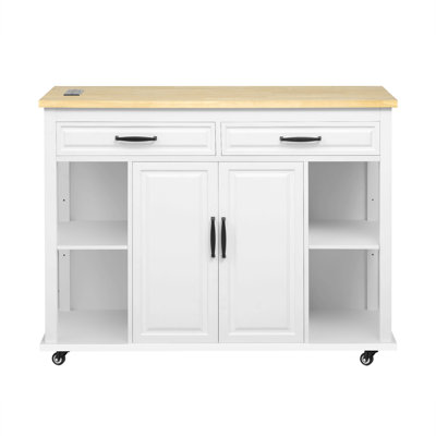 47 inch Kitchen Island with Extendable Dining Table, Rubber Wood Veneer Kitchen Table with Internal Storage Rack, Power Outlet, Kitchen island with Storage 2 Drawers 2 Cabinet