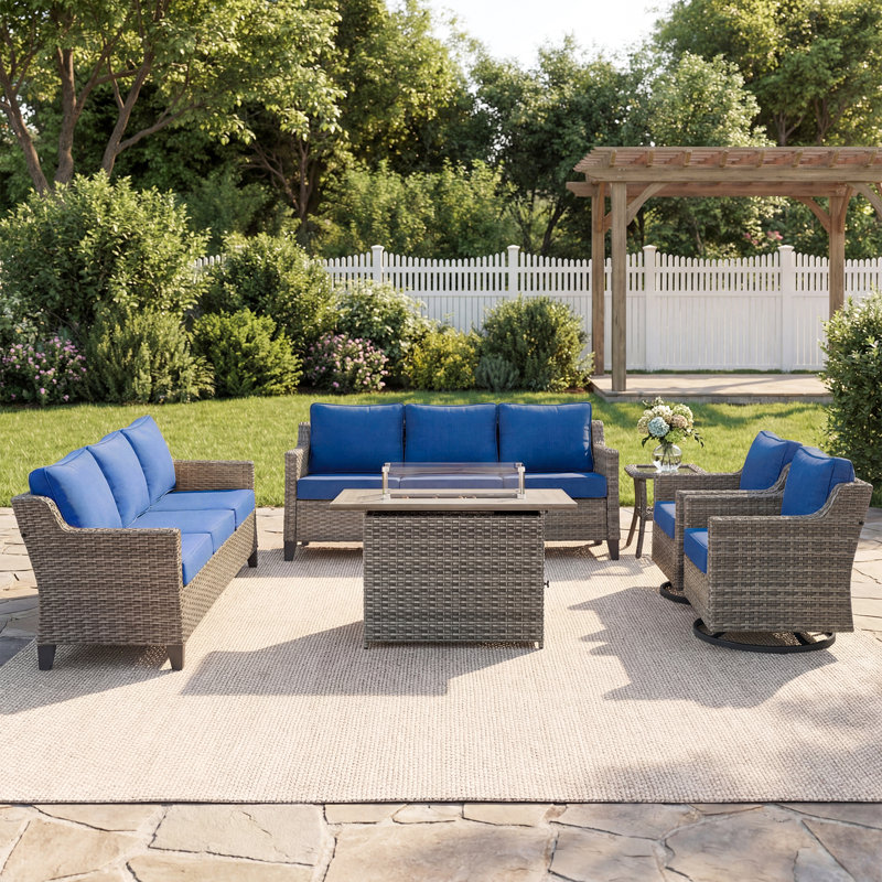 Arlene 6-Pieces Outdoor Courtyard Wicker Night Starry Sky Sofa Conversation Set With Fire Pit, Blue