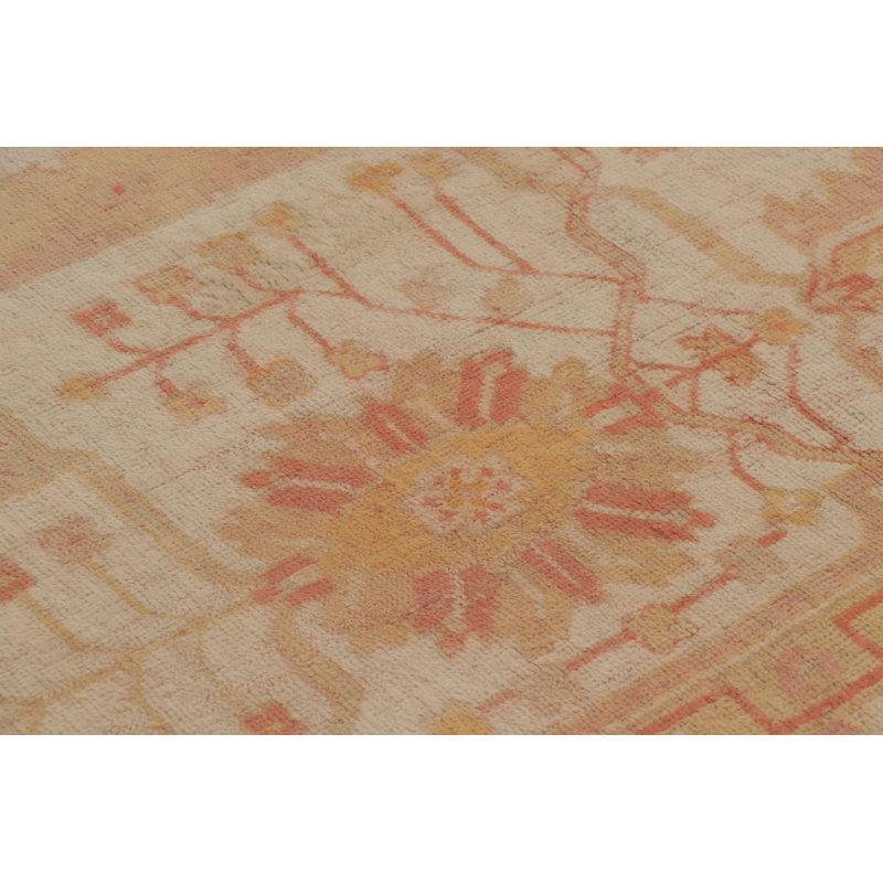 Antique Turkish Oushak Rug In Cream And Pink With Floral Medallion - Rug & Kilim