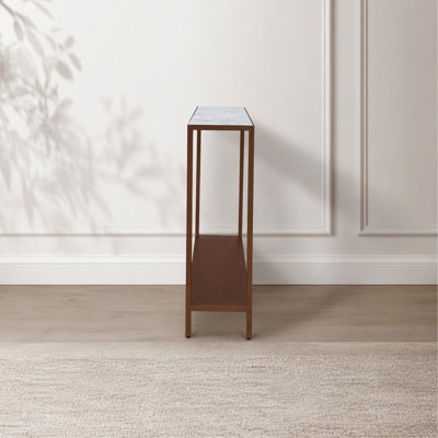 Console, plateau en marbre blanc uni, structure en fer, élégance contemporaine, finition cuivre antique