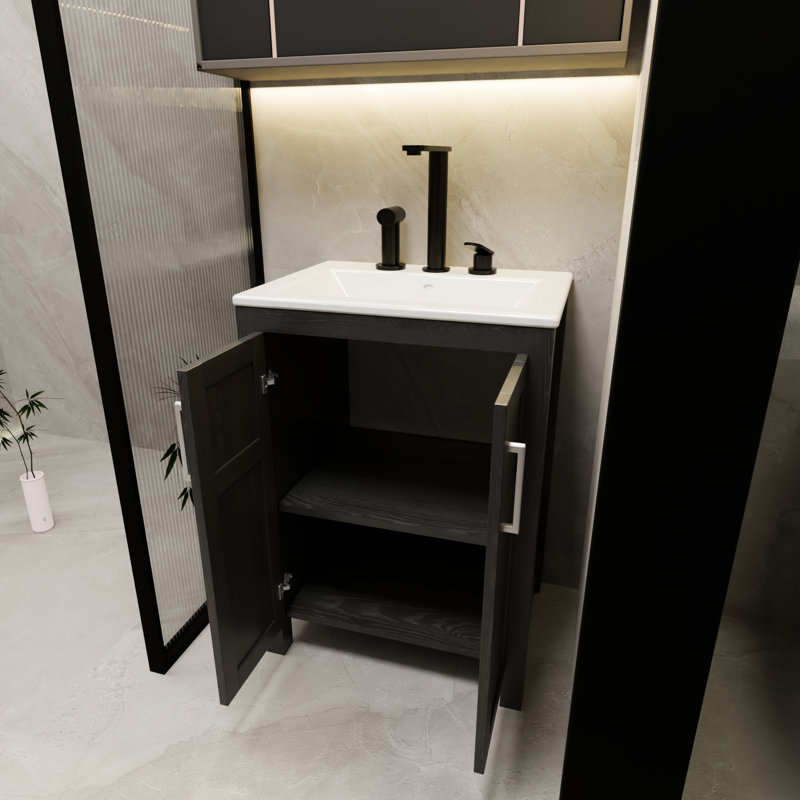 Meuble de salle de bain noir de 61 cm (24 pouces) avec lavabo en céramique blanche. Style moderne, imperméable, finition lisse, résistant aux taches d'eau, bois de 18 mm d'épaisseur, bords scellés, charnières et poignées en acier inoxydable, grand espace de rangement.