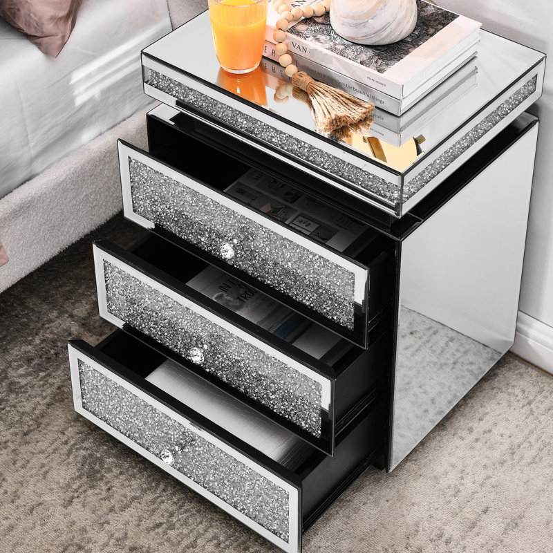Table de chevet argentée à miroir avec 3 tiroirs, incrustation de cristal de table moderne pour la chambre à coucher, l 13,8 po x L 17,7 po H 23,6 po