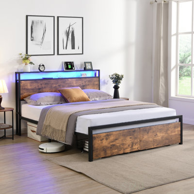 Full Size Bed Frame With Storage, LED Lights, Charging Station, And Noise-Free Metal Platform