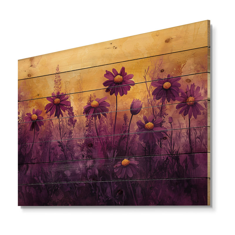 Purple Midnight Bloom Of Wildflowers Field I - Wildflowers Wood Wall Art - On Natural Pine Wood, 10" H x 20" W x 0.78" D