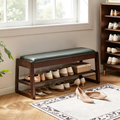 Banc de rangement pour chaussures en bois 31,5 pouces avec siège en cuir végétalien de qualité supérieure, étagères à chaussures ouvertes à plusieurs niveaux avec rangement pour chaussures, banc de rangement robuste pour chambre à coucher dans le vestibule