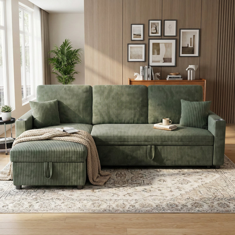 83.5"Sectional Sleeper Sofa with Pull-Out Bed, Plush Corduroy L-Shaped Modular Couch with Storage Chaise and USB Charging