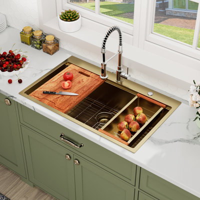 33"L x 22"W Drop In Workstation Kitchen Sink Gold Stainless Steel Single Bowl Kitchen Sink with Bottom Grid,Roll-up Rack,Cutting Board