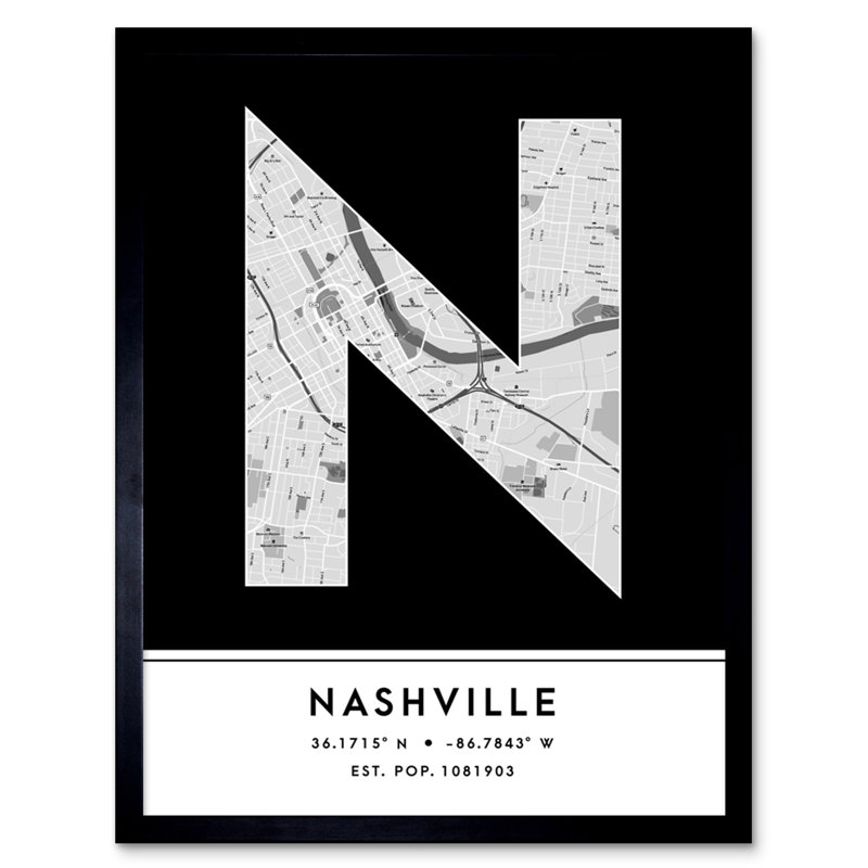 Nashville Tennessee United States City Map Black And White - Single Picture Frame Typography