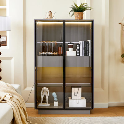Modern Style 60.6'' Tall Display Cabinet In Grey - Tempered Glass Door, Led Lighting, Two Drawers, Adjustable Shelves For Living Room, Office & Study