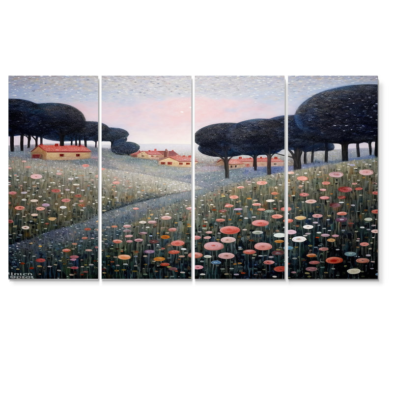 «Blooming Wildflowers In Countryside Town», art mural sur toile 4 pièces, H 28 po x l 48 po